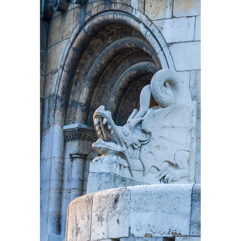 Hungary-Budapest-Dragon statue at Fishermans Bastion building Black Modern Wood Framed Art Print by Haseltine, Tom