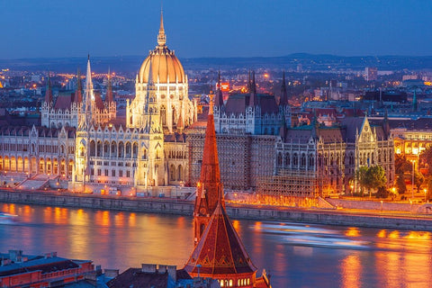 View of Parliament Buildings along Danube River at dusk-Budapest-Capital of Hungary-Europe Black Ornate Wood Framed Art Print with Double Matting by Haseltine, Tom
