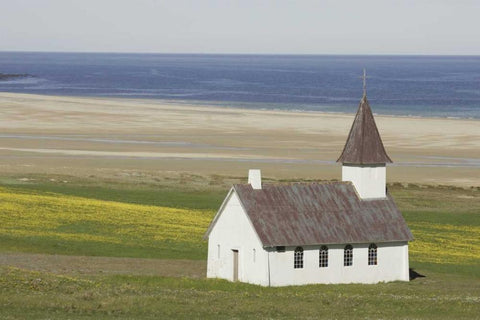 Iceland Isolated Christian church near the beach Black Ornate Wood Framed Art Print with Double Matting by Morris, Arthur