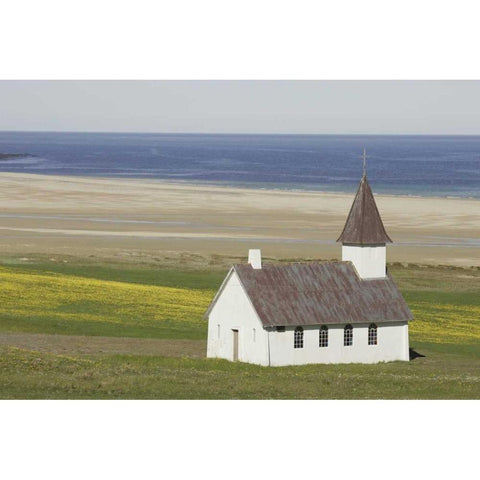 Iceland Isolated Christian church near the beach Black Modern Wood Framed Art Print by Morris, Arthur
