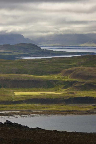 Iceland Farmland along Thorskafjordur Fjord White Modern Wood Framed Art Print with Double Matting by Grall, Don