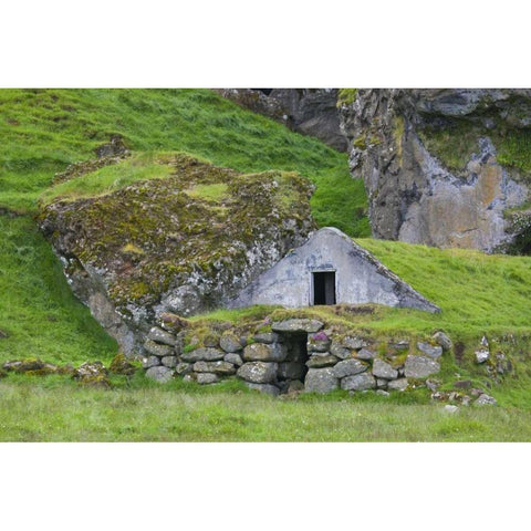 Iceland, Skogar A sod-covered roof on a shed Gold Ornate Wood Framed Art Print with Double Matting by Grall, Don