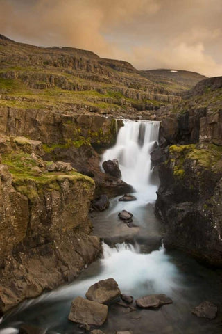 Iceland Waterfall in Berufjordur Fjord White Modern Wood Framed Art Print with Double Matting by Grall, Don