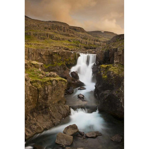 Iceland Waterfall in Berufjordur Fjord Black Modern Wood Framed Art Print by Grall, Don