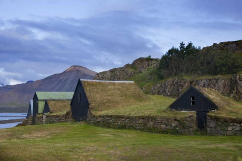 Iceland, Borgarnes Sod-roofed sheds White Modern Wood Framed Art Print with Double Matting by Grall, Don