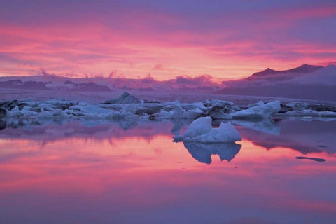 Iceland, Hofn Sunset over the Jokulsarlon lagoon Black Ornate Wood Framed Art Print with Double Matting by Anon, Josh