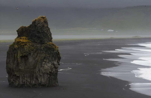 Iceland, Vik black sand beach on rainy day White Modern Wood Framed Art Print with Double Matting by Young, Bill