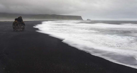 Iceland, Vik black sand beach on rainy day White Modern Wood Framed Art Print with Double Matting by Young, Bill