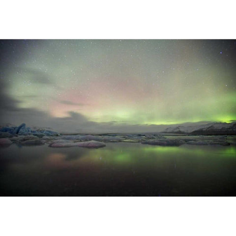 Iceland, Jokulsarlon Aurora lights over a lagoon Black Modern Wood Framed Art Print by Anon, Josh
