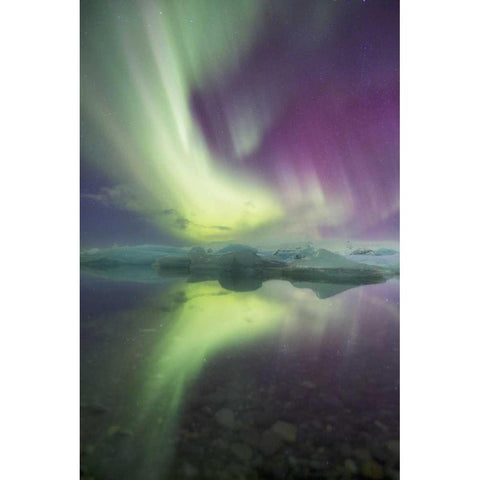 Iceland, Jokulsarlon Aurora lights over a lagoon Black Modern Wood Framed Art Print with Double Matting by Anon, Josh