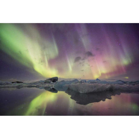 Iceland, Jokulsarlon Aurora lights over a lagoon Black Modern Wood Framed Art Print by Anon, Josh