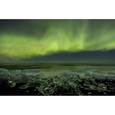 Iceland, Jokulsarlon Aurora borealis and ocean Black Modern Wood Framed Art Print with Double Matting by Young, Bill
