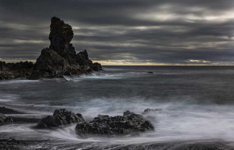 Iceland, Dritvik Stormy shoreline scenic White Modern Wood Framed Art Print with Double Matting by Young, Bill