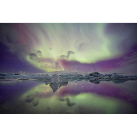 Iceland, Jokulsarlon Aurora lights over a lagoon Black Modern Wood Framed Art Print with Double Matting by Anon, Josh