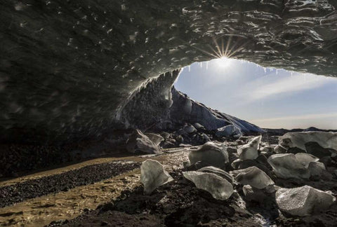 Iceland Sunburst at ice cave entrance White Modern Wood Framed Art Print with Double Matting by Young, Bill