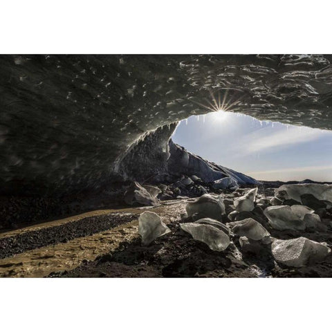 Iceland Sunburst at ice cave entrance Gold Ornate Wood Framed Art Print with Double Matting by Young, Bill