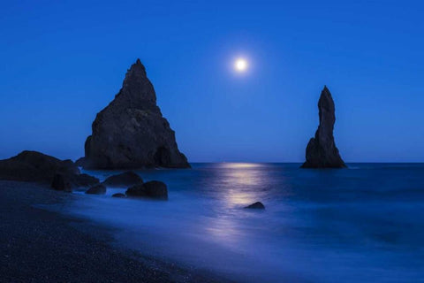 Iceland, Reynisdrangur Moon reflection on ocean White Modern Wood Framed Art Print with Double Matting by Kirkland, Dennis