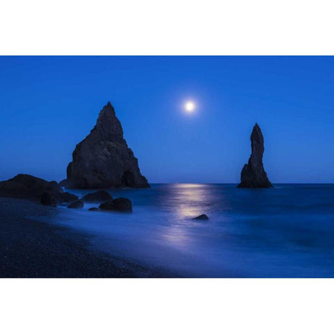 Iceland, Reynisdrangur Moon reflection on ocean Black Modern Wood Framed Art Print by Kirkland, Dennis
