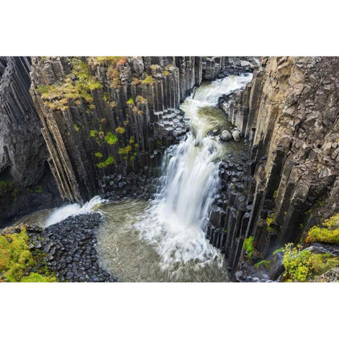 Iceland, Waterfall and basalt columns Gold Ornate Wood Framed Art Print with Double Matting by Kirkland, Dennis