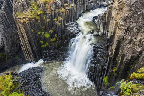 Iceland, Waterfall and basalt columns Black Ornate Wood Framed Art Print with Double Matting by Kirkland, Dennis
