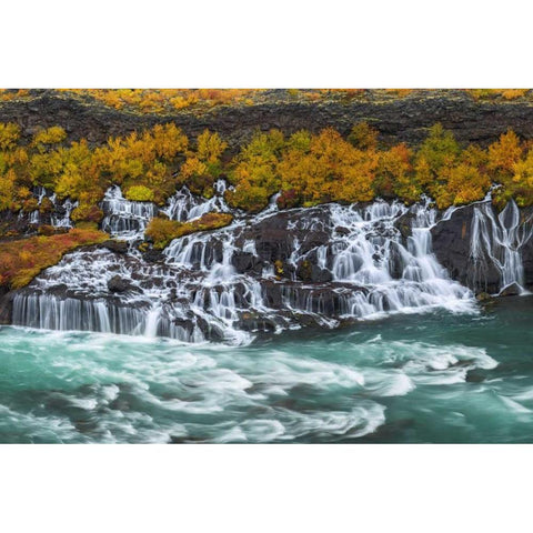 Iceland, Hraunfossar Autumn waterfalls Black Modern Wood Framed Art Print with Double Matting by Kirkland, Dennis