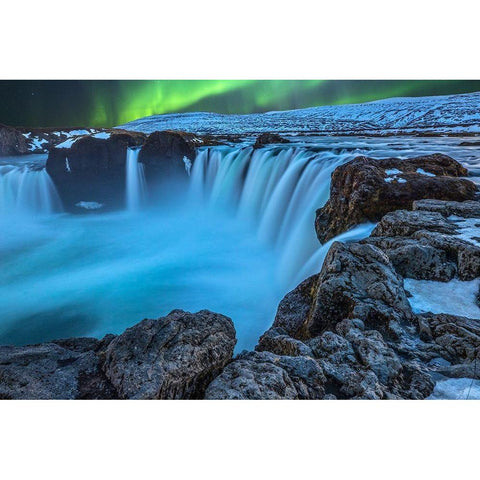 Iceland Aurora borealis and the Godafoss Waterfall White Modern Wood Framed Art Print by Jaynes Gallery