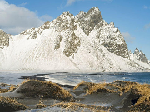 Coastal landscape with dunes at iconic Stokksnes during winter and stormy conditions Iceland Black Ornate Wood Framed Art Print with Double Matting by Zwick, Martin