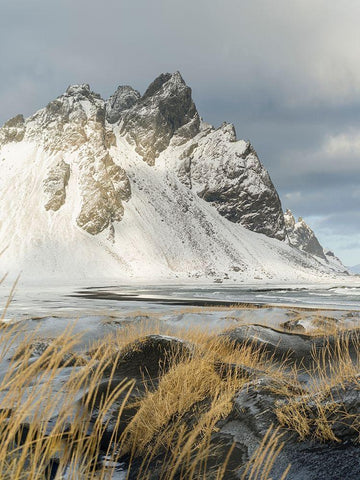 Coastal landscape with dunes at iconic Stokksnes during winter and stormy conditions Iceland Black Ornate Wood Framed Art Print with Double Matting by Zwick, Martin