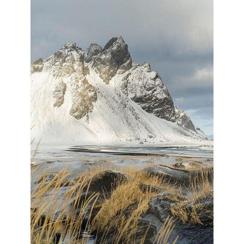 Coastal landscape with dunes at iconic Stokksnes during winter and stormy conditions Iceland Black Modern Wood Framed Art Print by Zwick, Martin