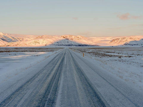 Landscape with country road near Hoffell during winter in Hornafjoerdur area White Modern Wood Framed Art Print with Double Matting by Zwick, Martin