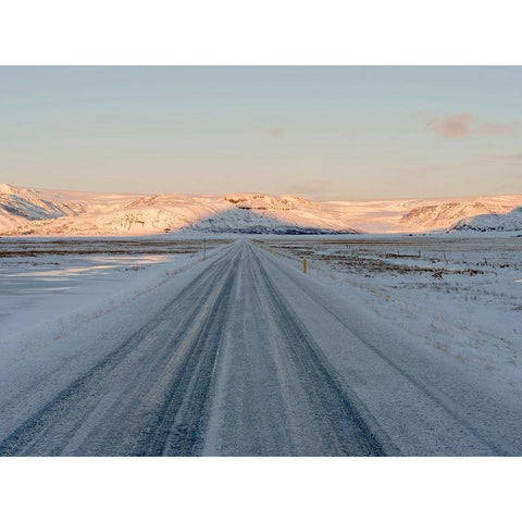 Landscape with country road near Hoffell during winter in Hornafjoerdur area Black Modern Wood Framed Art Print by Zwick, Martin