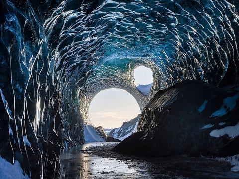 Ice cave at the northern shore of glacial lagoon Jokulsarlon in glacier Breidamerkurjokull Black Ornate Wood Framed Art Print with Double Matting by Zwick, Martin