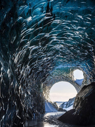 Ice cave at the northern shore of glacial lagoon Jokulsarlon in glacier Breidamerkurjokull White Modern Wood Framed Art Print with Double Matting by Zwick, Martin