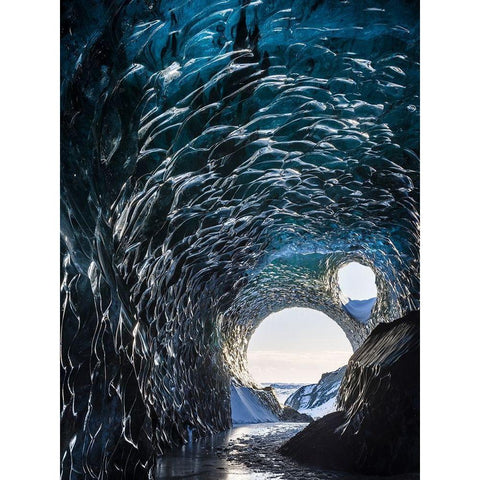 Ice cave at the northern shore of glacial lagoon Jokulsarlon in glacier Breidamerkurjokull Black Modern Wood Framed Art Print by Zwick, Martin