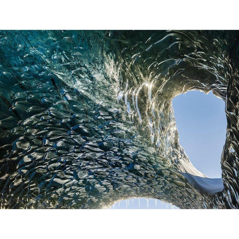 Ice cave at the northern shore of glacial lagoon Jokulsarlon in glacier Breidamerkurjokull White Modern Wood Framed Art Print by Zwick, Martin