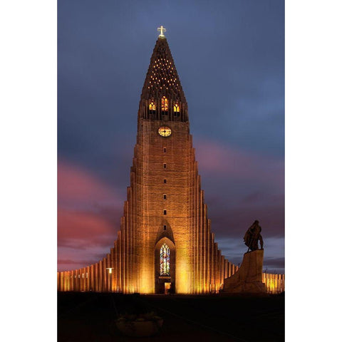 Reykjavik-Iceland Hallgrimskirkja church with statue of Leif Erikson Gold Ornate Wood Framed Art Print with Double Matting by Steve Mohlenkamp
