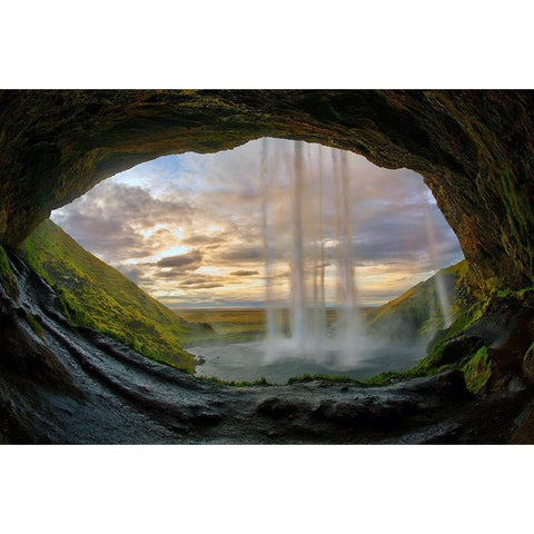 Seljalandsfoss waterfall on the southern coast of Iceland Gold Ornate Wood Framed Art Print with Double Matting by Steve Mohlenkamp