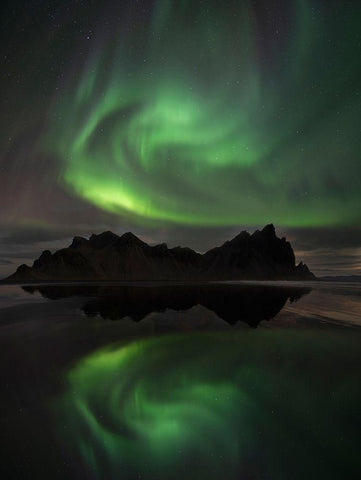 Northern Lights above Vestrahorn beach near Hofn in the southeast of Iceland White Modern Wood Framed Art Print with Double Matting by Steve Mohlenkamp