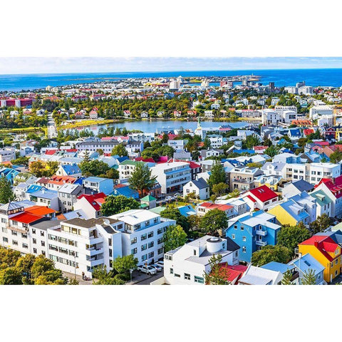 Small Tjornin Lake blue Ocean Sea Colorful blue red white green Houses Streets-Reykjavik-Iceland Black Modern Wood Framed Art Print by Perry, William