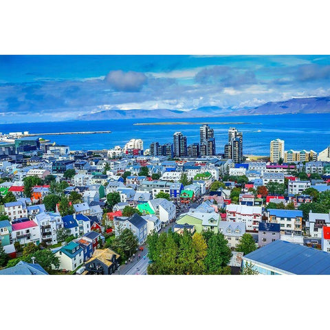 Colorful red green blue Houses Apartment Buildings Cars Bus Streets Ocean-Reykjavik-Iceland Black Modern Wood Framed Art Print by Perry, William