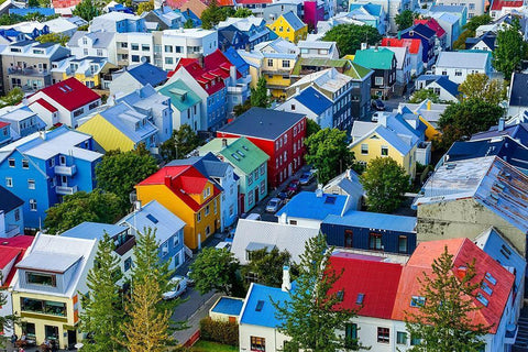 Colorful red green blue yellow Houses Cars Streets-Reykjavik-Iceland Black Ornate Wood Framed Art Print with Double Matting by Perry, William