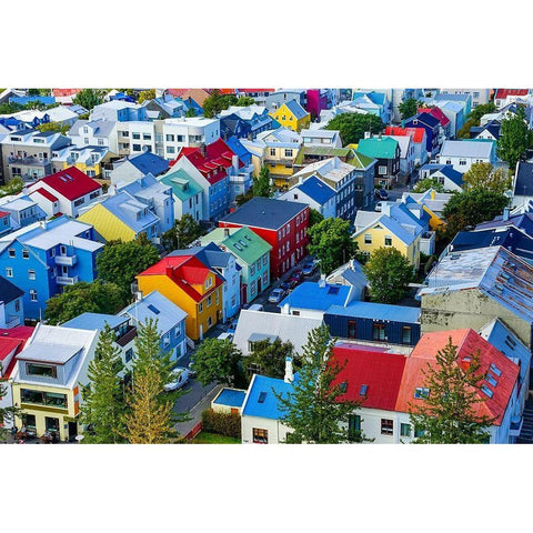 Colorful red green blue yellow Houses Cars Streets-Reykjavik-Iceland Black Modern Wood Framed Art Print by Perry, William
