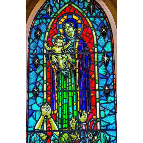 Virgin Mary Baby Jesus Stained glass Hallgrimskirkja Large Lutheran Church-Reykjavik White Modern Wood Framed Art Print by Perry, William