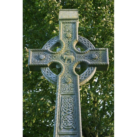 Ireland, Roscommon Celtic cross outside a Church White Modern Wood Framed Art Print by Flaherty, Dennis