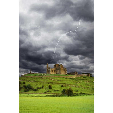 Ireland, Tipperary Lightning over Rock of Cashel Black Modern Wood Framed Art Print by Flaherty, Dennis