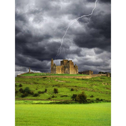 Ireland, Tipperary Lightning over Rock of Cashel Gold Ornate Wood Framed Art Print with Double Matting by Flaherty, Dennis