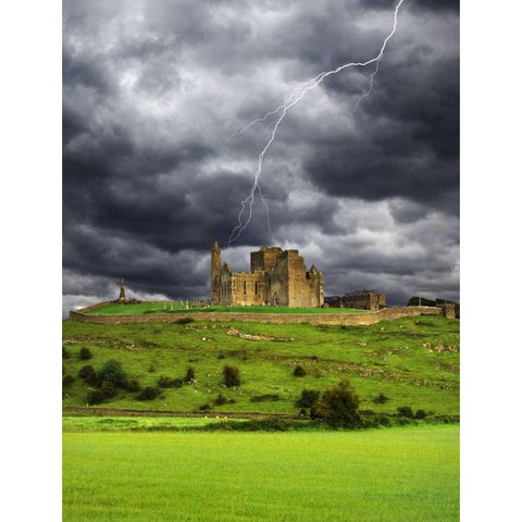 Ireland, Tipperary Lightning over Rock of Cashel Black Modern Wood Framed Art Print by Flaherty, Dennis