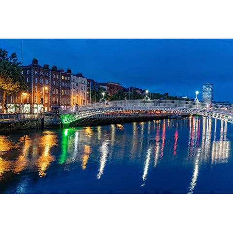 Ha Penny Bridge over the River Liffey at dusk in downtown Dublin-Ireland Black Modern Wood Framed Art Print by Haney, Chuck