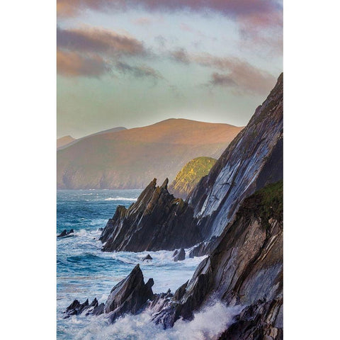 Waves crash into cliffs on Dunmore Head with Blasket Islands on the Dingle Peninsula-Ireland White Modern Wood Framed Art Print by Haney, Chuck