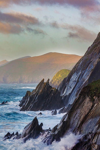 Waves crash into cliffs on Dunmore Head with Blasket Islands on the Dingle Peninsula-Ireland White Modern Wood Framed Art Print with Double Matting by Haney, Chuck